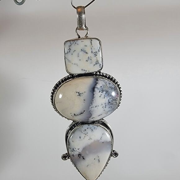 Dendritic Opal Pendant Necklace – Triple Stone Design + 20" Sterling Chain - Picture 1 of 10